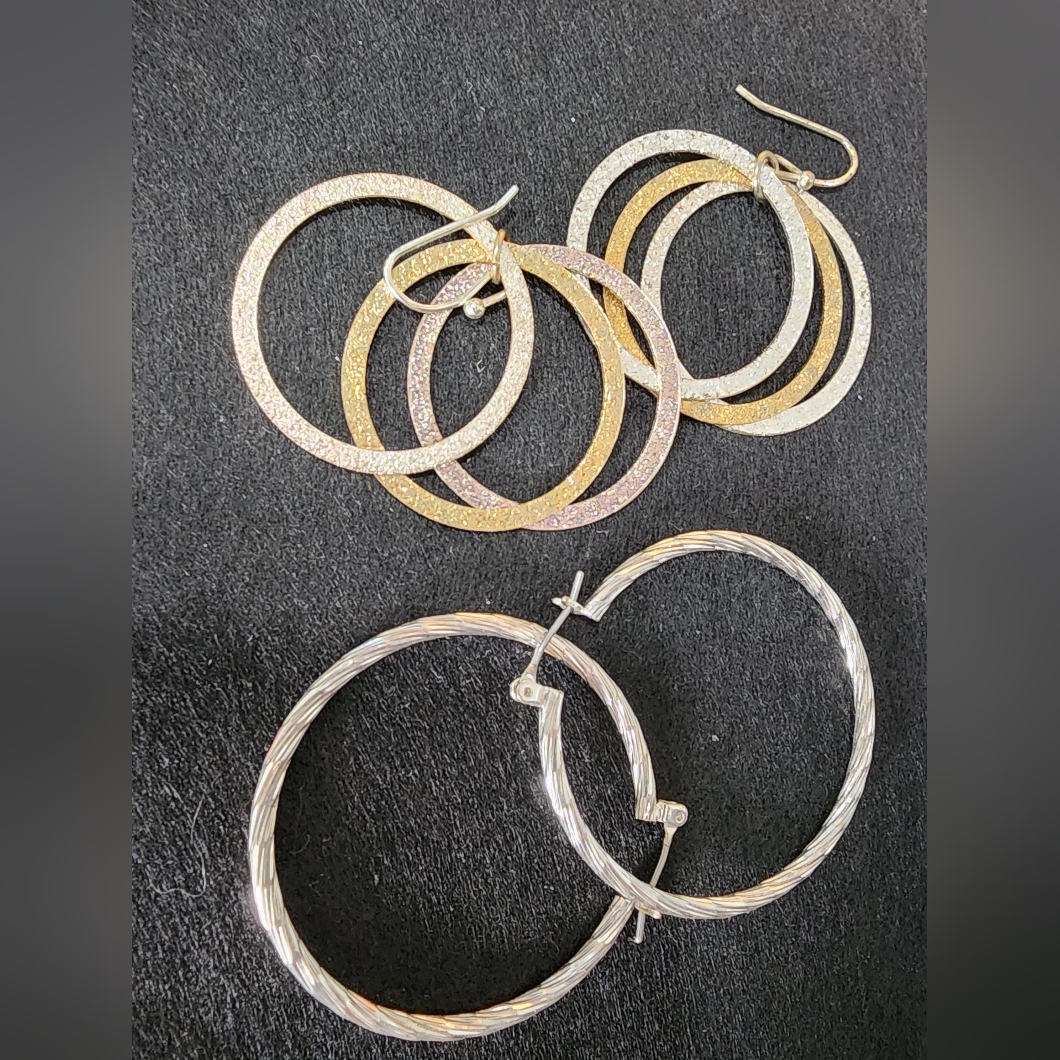 Set Of 2, 925 Silver Hoops, 925 Dangly 2-Tone Earrings